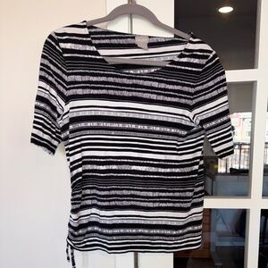 Chico’s Black & White Striped Ruched Side Tie Top - Size 0 (Small)